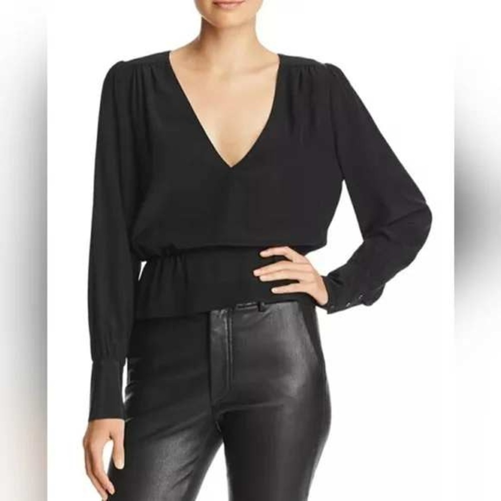 7 For All Mankind Womens Black V-Neck Peplum Blouse Long Sleeve AN126410SA